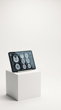 Modern Digital Tablet Display On White Pedestal In Gallery