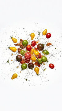Dynamic Explosion Of Fresh Flying Cherry Tomatoes And Basil