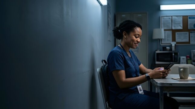 Female healthcare worker wearing blue scrubs sitting in hospital breakroom checking smartphone during night shift rest break