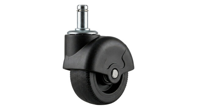 Office chair caster, single swivel office chair replacement caster with a compact black rubber roller wheel, rounded protective plastic housing, rotating vertical mounting stem and precisely molded
