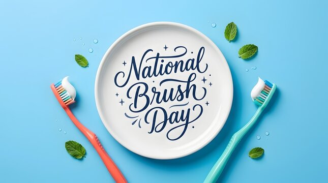 National Brush Day text on plate with toothbrushes and mint on blue