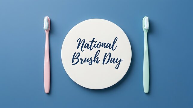 National Brush Day text on white circle with pink and green