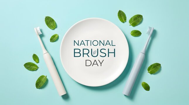 National Brush Day text on plate with electric toothbrushes and fresh
