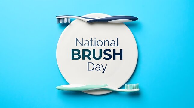 National Brush Day text on white plate with two toothbrushes on blue