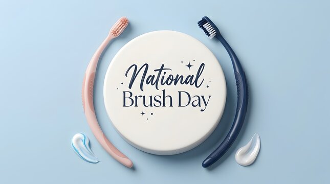 National Brush Day text on white circle with toothbrushes on blue