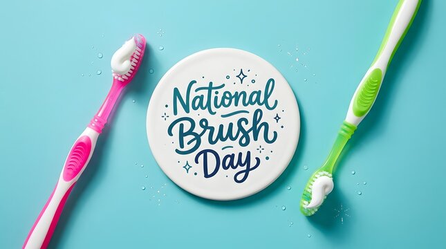 National Brush Day sign with pink and green toothbrushes on blue