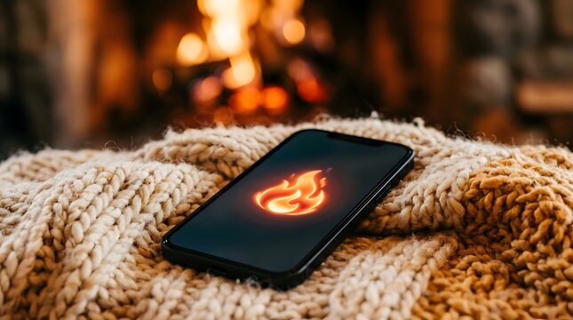 Modern smartphone resting on cozy knitted woolen blanket with warm fireplace background