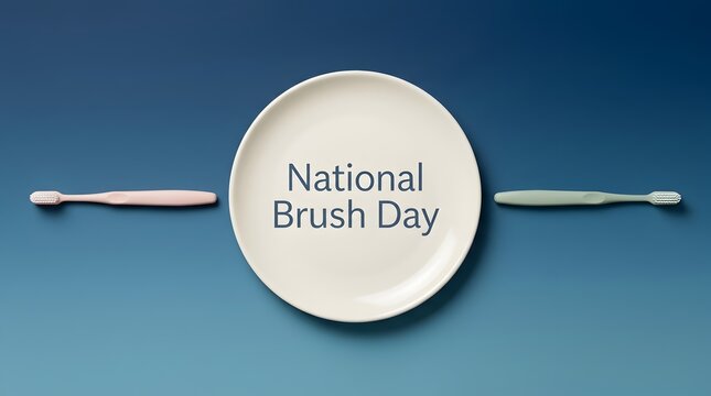 National Brush Day text on white plate with pink and green