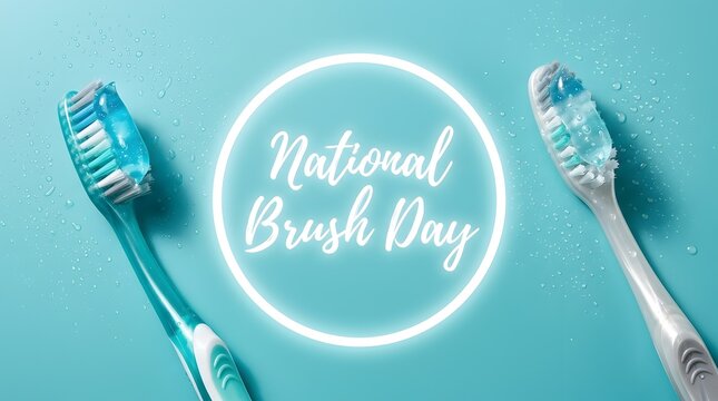 National Brush Day text with two toothbrushes and toothpaste on blue