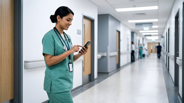 Professional nurse using smartphone in a bright modern hospital corridor