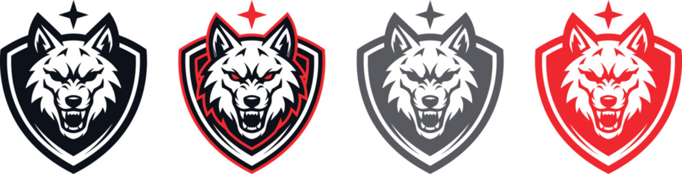 Set of four wolf head shield logos for sports teams or gaming clans
