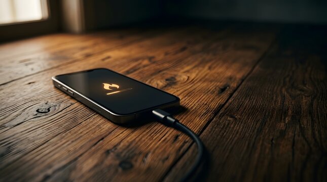 Smartphone displaying heat warning icon while charging on wooden table