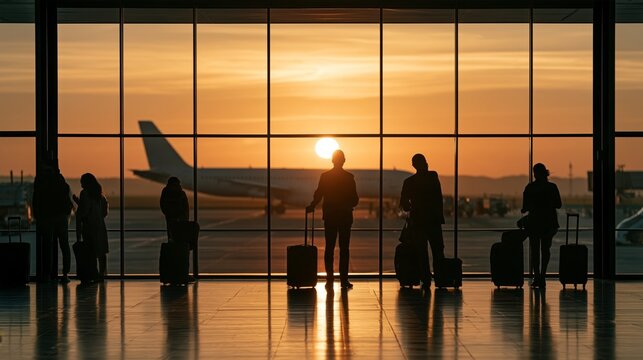 Travelers wait with luggage at an airport terminal during sunset