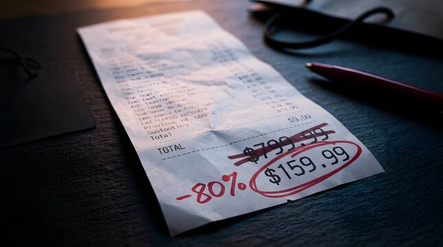 Discounted receipt showing 80 percent off original price of 799.99 reduced to 159.99