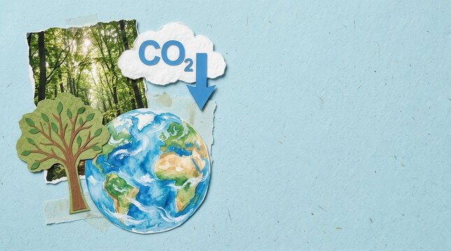 Carbon Footprint Reduction Concept with Earth Globe, Forest Photo, and CO2 Down Arrow on Blue Background