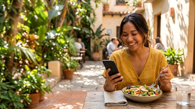 Smiling young woman eating salad outdoors using smartphone at restaurant