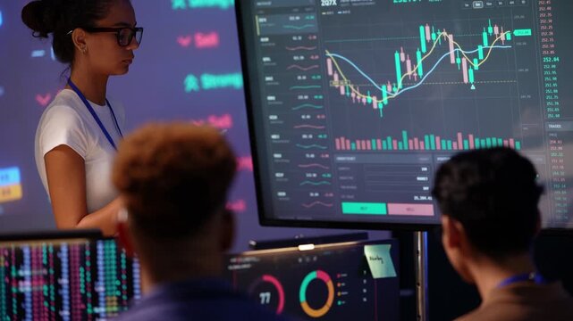 Latina woman in a white tee writes on a tablet at a big candlestick chart, then turns to point at the trend line while an Asian trader leans in to talk with a teammate