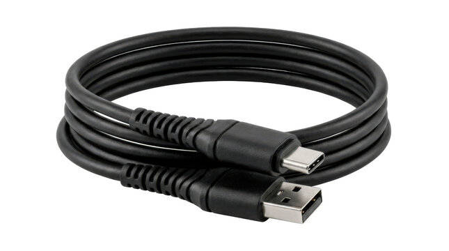 USB cable, flexible USB charging cable with a neatly coiled black insulated body, recognizable compact connector ends and reinforced strain-relief sleeves, photorealistic electronics accessory
