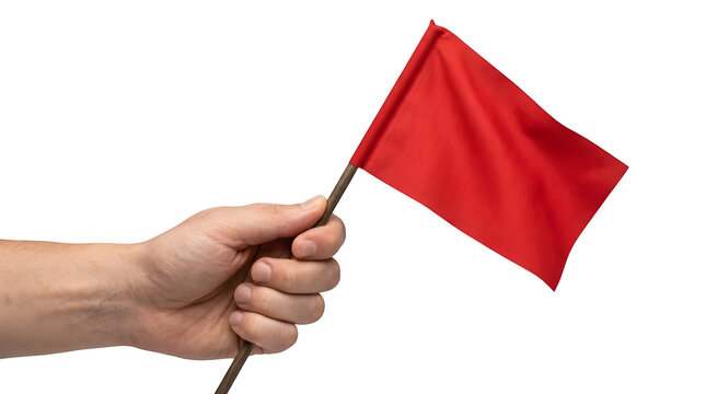 Closeup of a hand holding a small red flag isolated on transparent background
