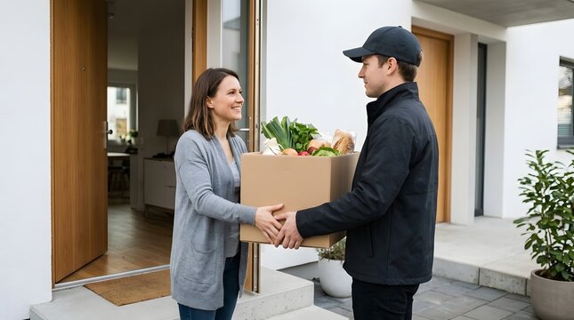 Delivery person hands a box of groceries to a smiling woman at her doorstep