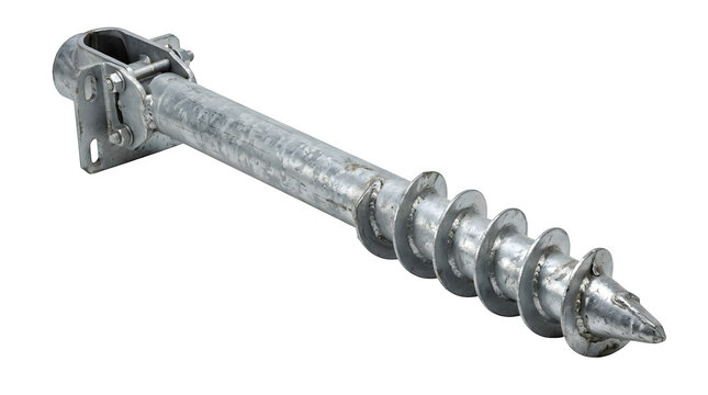Galvanized steel ground screw anchor for foundation construction, heavy duty helical pile for securing structures into the ground, isolated on transparent background
