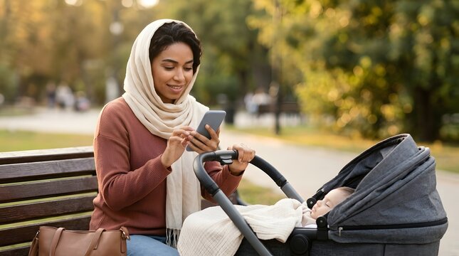 Young woman in hijab looking at smartphone with baby in stroller in park