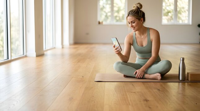 Young woman in green sportswear sitting on a yoga mat in a bright wooden studio holding a smartphone