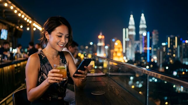 Young woman using smartphone and drinking cocktail at rooftop bar with city skyline view at night