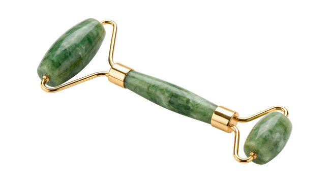 Elegant green jade facial massage roller with polished natural stone cylinders, delicate golden metal frame and ergonomic jade handle, luxurious skincare beauty accessory. Photorealistic studio beauty