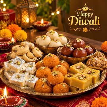 Festive Diwali Mithai Thali featuring Kaju Katli, Motichoor Ladoo, Gulab Jamun, Rasgulla, and Soan Papdi