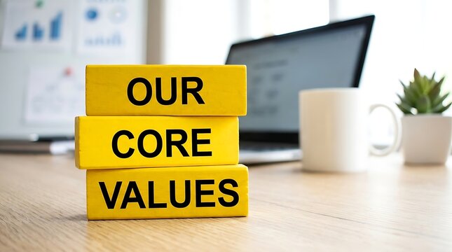 Our core values written on yellow blocks on office desk.