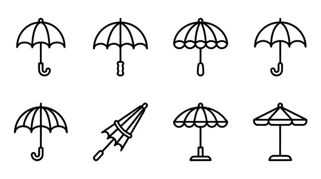 Minimalist umbrella icons vector set, black outline parasol symbols for graphic design