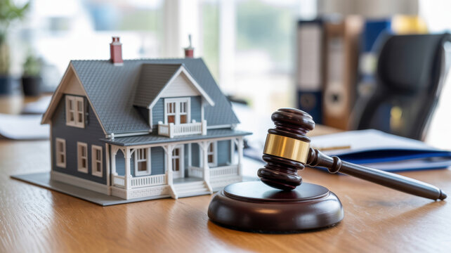 House model and gavel represent a real estate auction or law