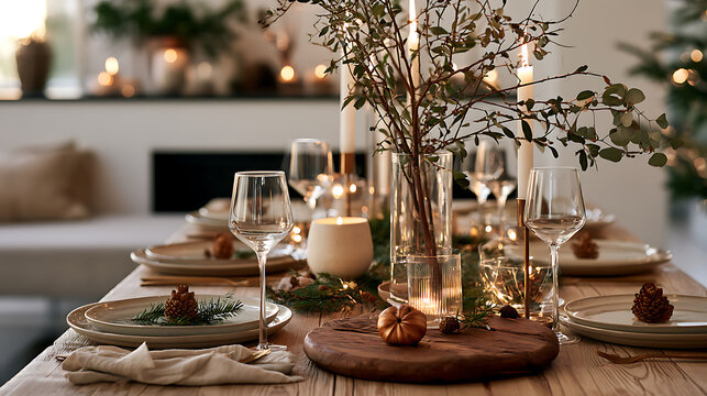Elegant Scandinavian Christmas table setting with natural greenery, pinecones, glowing candles, ceramic plates and wine glasses. Warm festive lighting creates a cozy Nordic holiday atmosphere in a min