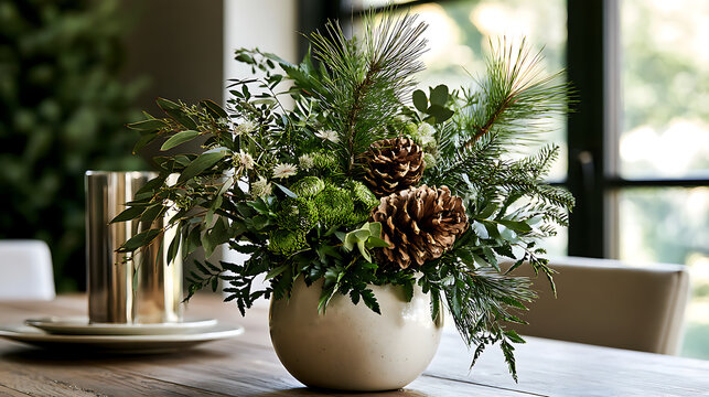 Elegant Scandinavian Christmas centerpiece featuring fresh pine branches, natural greenery and pinecones arranged in a ceramic vase. Minimalist Nordic holiday decor on a rustic wooden table.