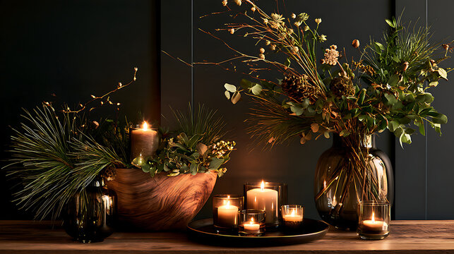 Elegant Nordic Christmas still life featuring natural evergreen arrangements, pinecones, dried branches and glowing candles. Rustic wooden table, dark background and warm lighting create a cozy festiv