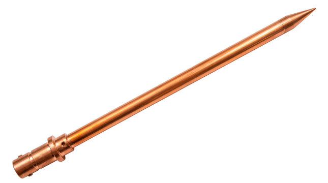 Lightning rod, classic building lightning protection rod with a long straight copper metal shaft, sharply tapered upper lightning receiving tip, reinforced cylindrical lower mounting section and