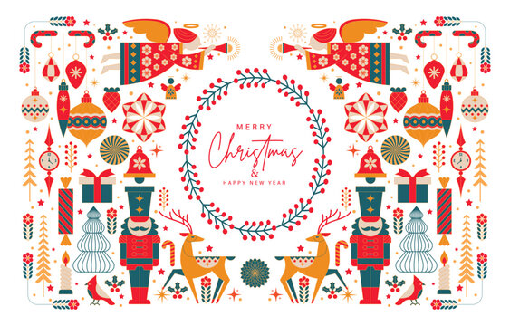 Merry Christmas and Happy New Year with decorations elements.