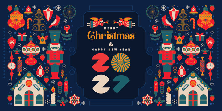 Luxury Merry Christmas and Happy New Year 2027 background with decorations elements. for card, banner, background.
