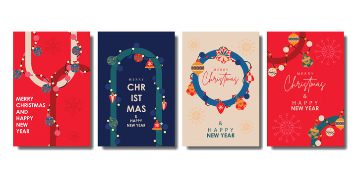 Merry Christmas and Happy New Year greeting card collection with decorations elements. for card, banner, background.