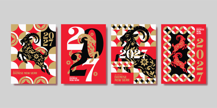 Modern Chinese New Year 2027 modern graphic design set in red  gold, black and white colors for cover  card  poster  banner.