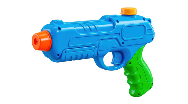 Photorealistic brightly colored plastic water pistol with a vivid blue body, orange nozzle, green ergonomic grip, textured trigger and rounded child-safe edges, lightweight playful summer toy with