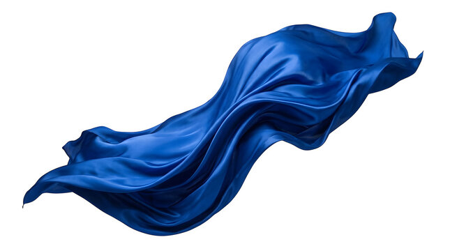 Flying blue silk fabric with folds and dynamic flow motion isolated on transparent background