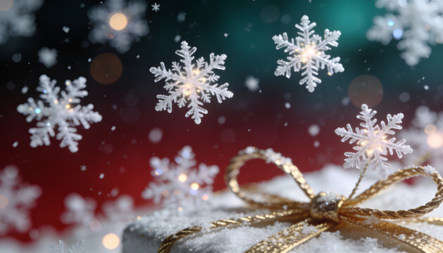 A close-up of a snow-covered gift box with a gold ribbon bow, with delicate snowflakes falling against a bokeh background of red and green lights.