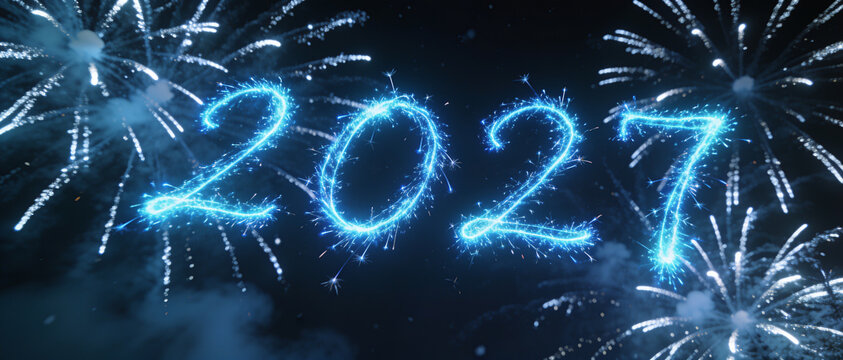 The year 2027 spelled out in glowing blue fireworks against a dark night sky with explosive bursts.