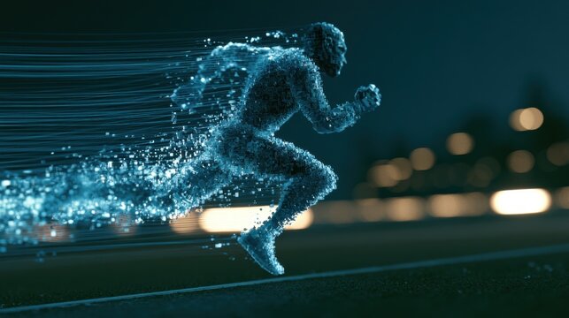Man made of cubes runs along a digital road, leaving behind glowing trails
