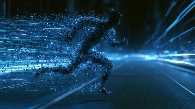 Man made of cubes runs along a digital road, leaving behind glowing trails
