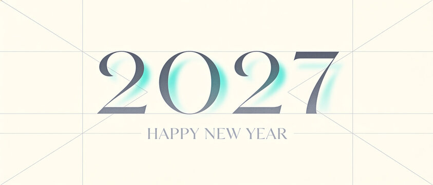 Abstract 2027 Happy New Year text banner with mint green accents on a cream background featuring geometric grid lines