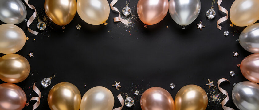 Gold, silver and champagne balloons with ribbons around black border