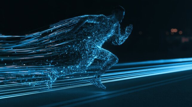 Man made of cubes runs along a digital road, leaving behind glowing trails
